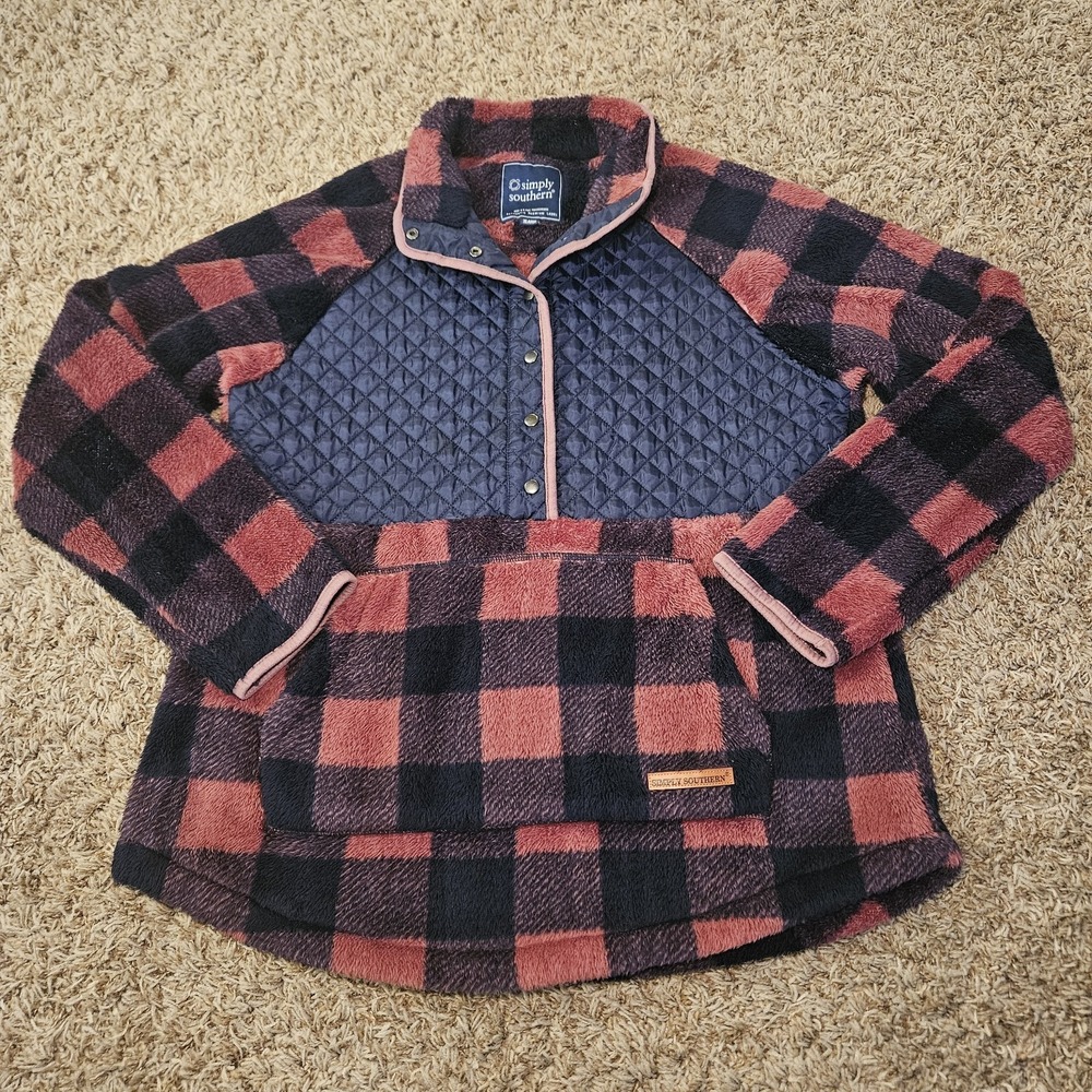 Simply Southern Women's Pullover Fleece Sweatshirt Plaid Pink Navy Size XL